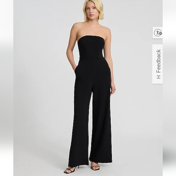 Express Chic Black Strapless Wide Leg Velvet Jumpsuit - Picture 1 of 16